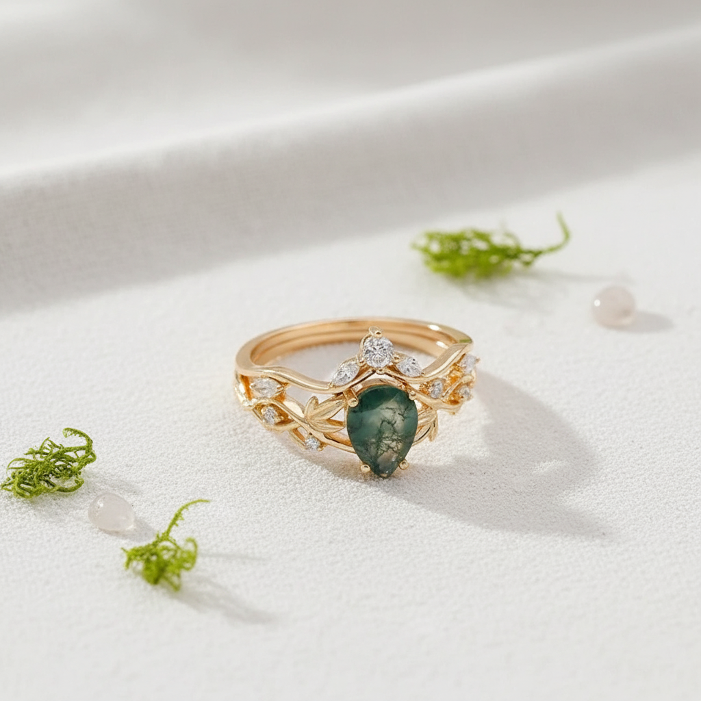 Vine Motif Pear Cut Moss Agate Stacking Ring Set