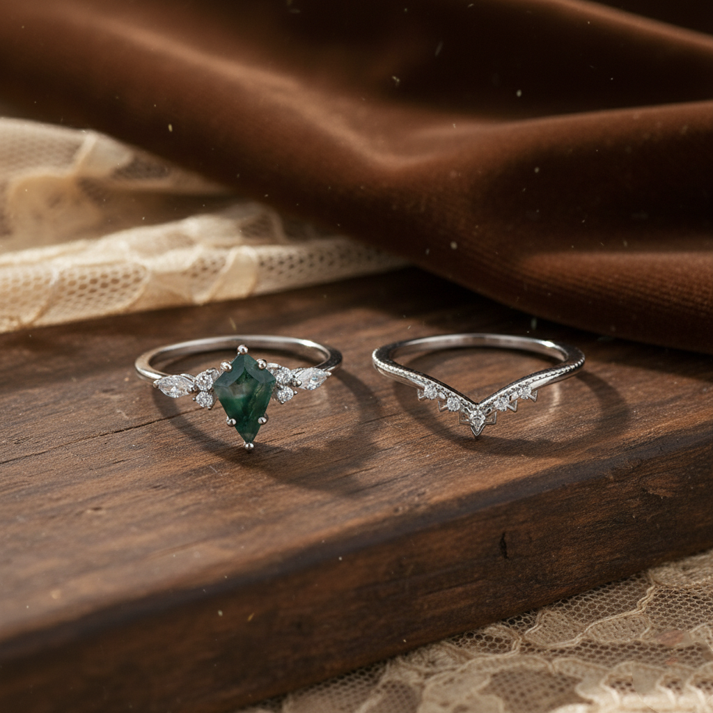 Moss Agate Crown Ring Set