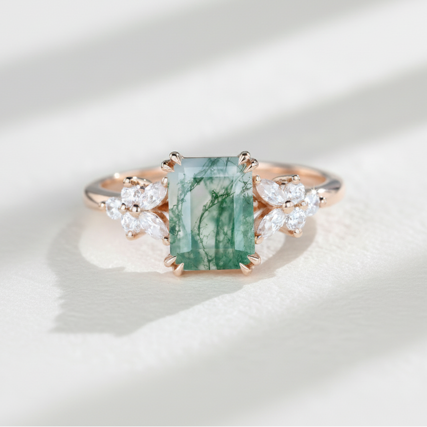 Emerald Cut Octagon Moss Agate Ring
