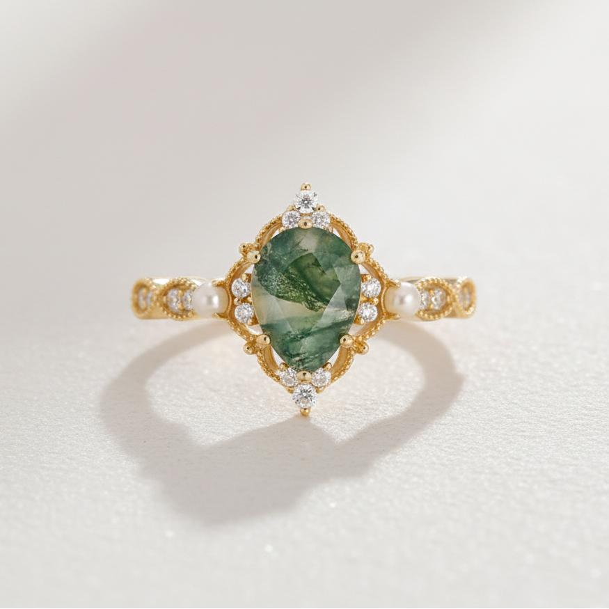 Vintage Pear Cut Moss Agate Pearl Ring