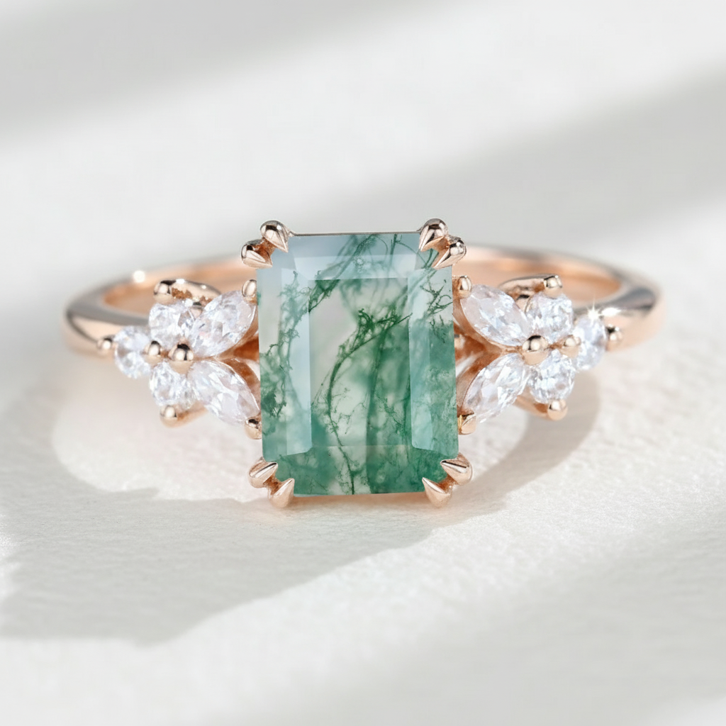 Emerald Cut Octagon Moss Agate Ring