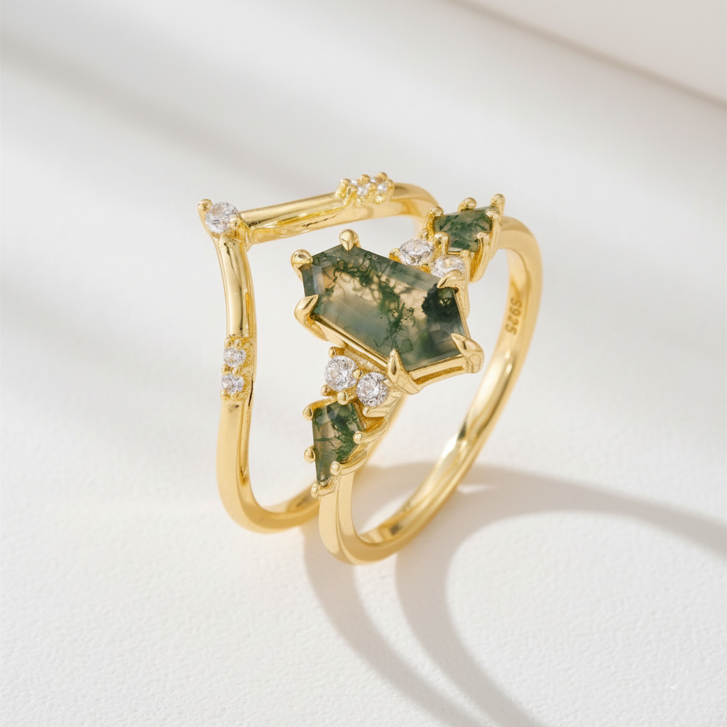 Modern Geometric Natural Moss Agate Stacking Ring Set