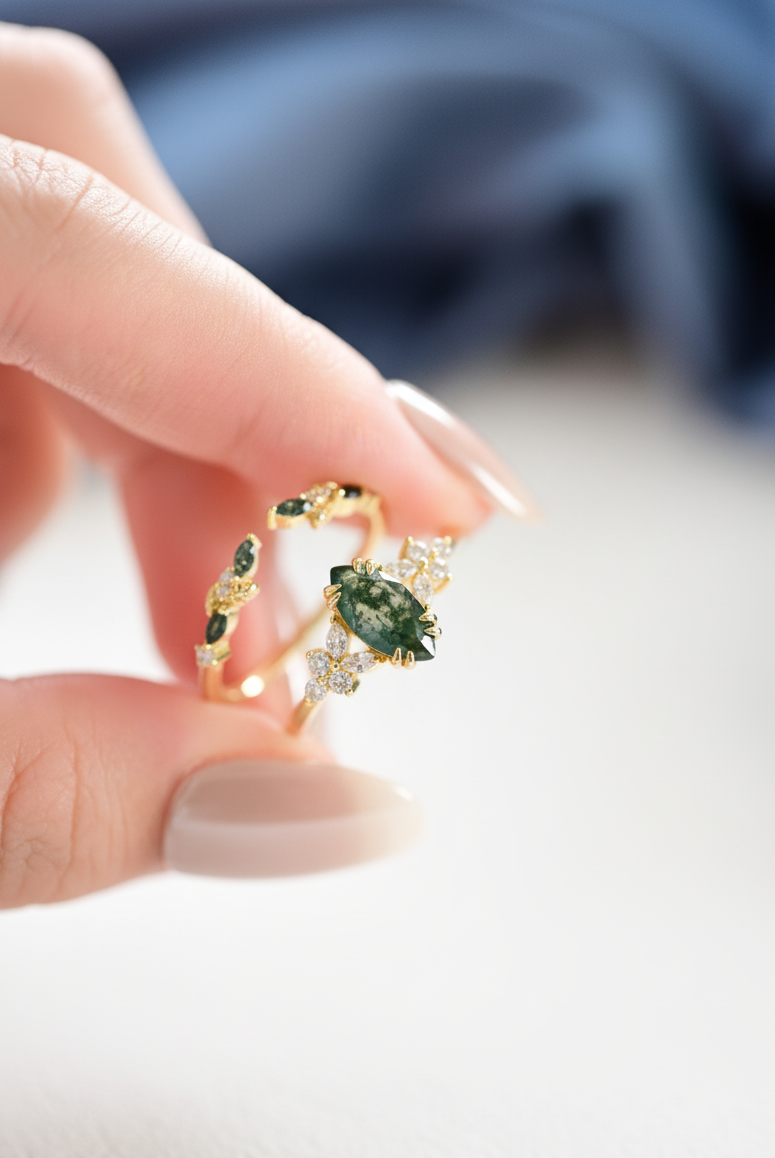 Wreath Marquise Cut Moss Agate Stacking Ring Set
