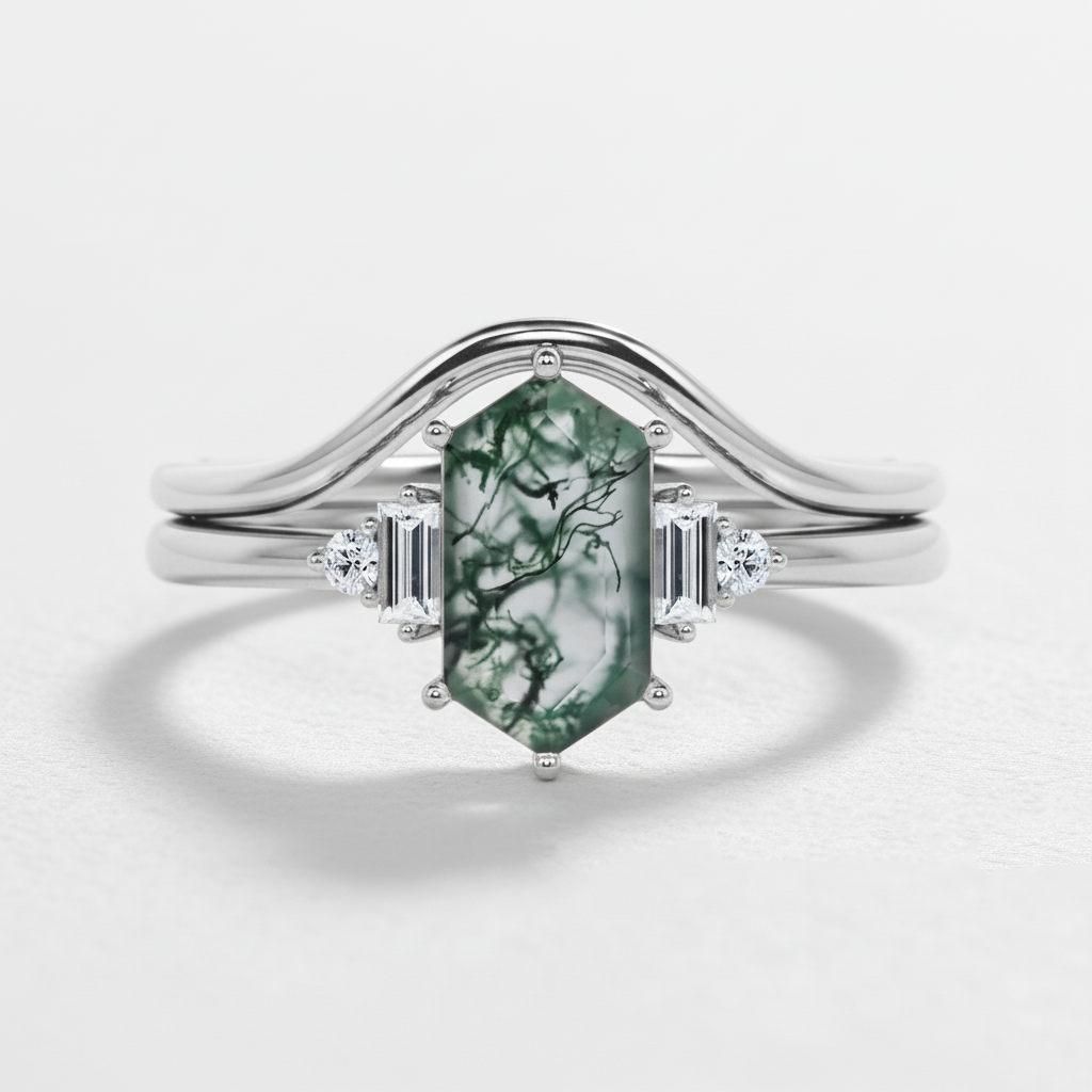 Geometric Minimalist Hexagon Cut Moss Agate Ring Set