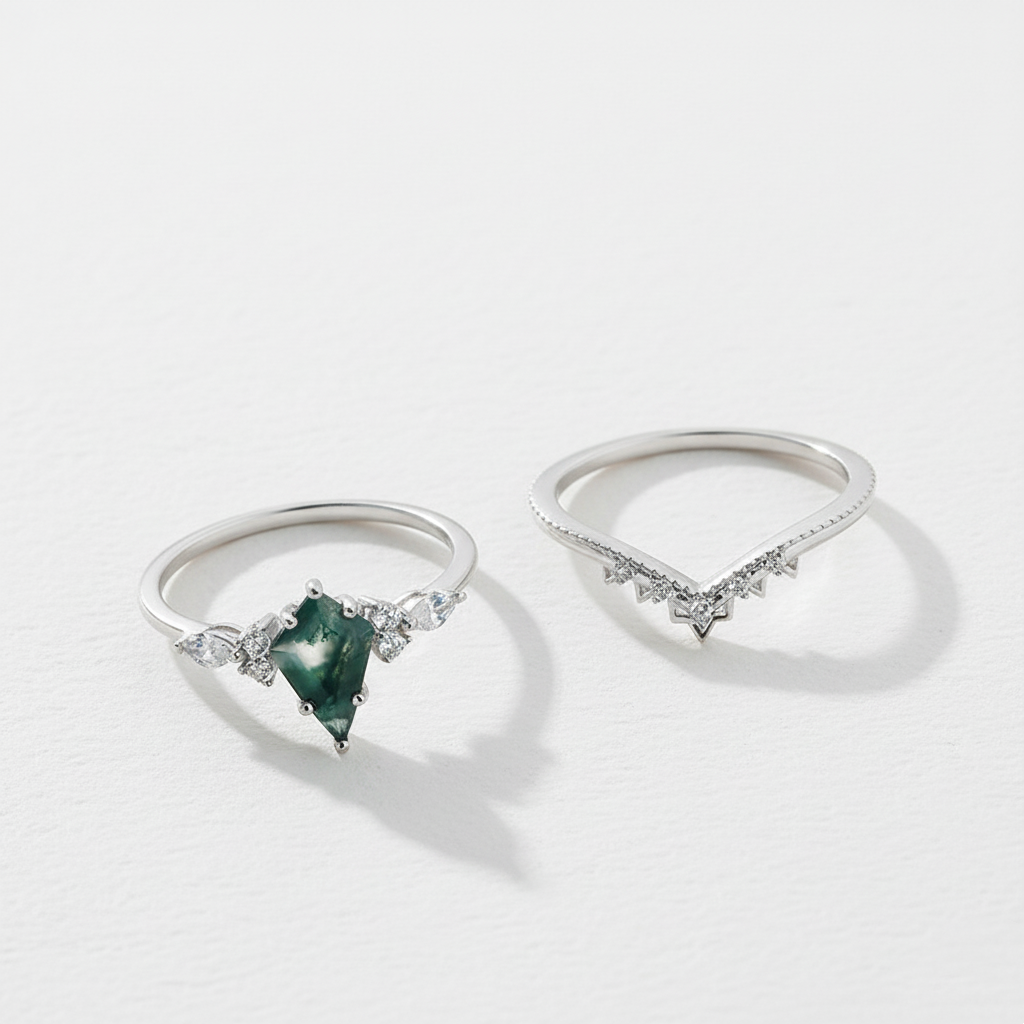 Moss Agate Crown Ring Set