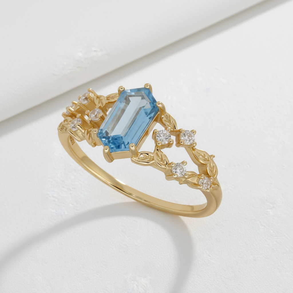 Emerald Cut London Blue Topaz Leaf Ring