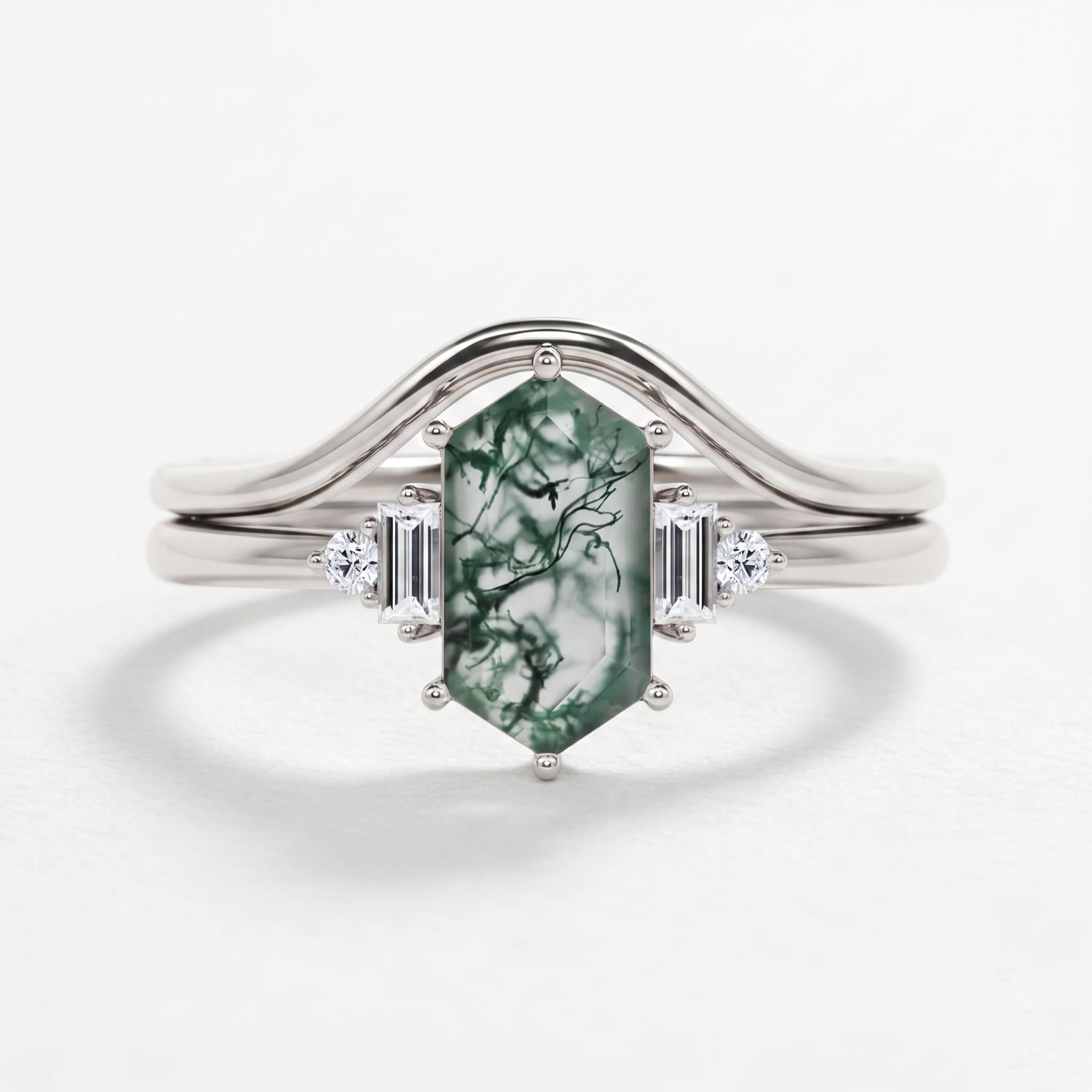 Geometric Minimalist Hexagon Cut Moss Agate Ring Set