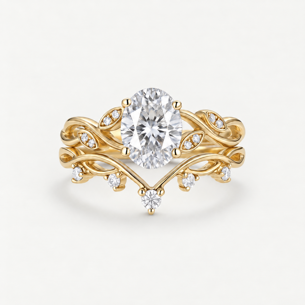 Oval-Cut Moissanite Vine Contour Ring Set