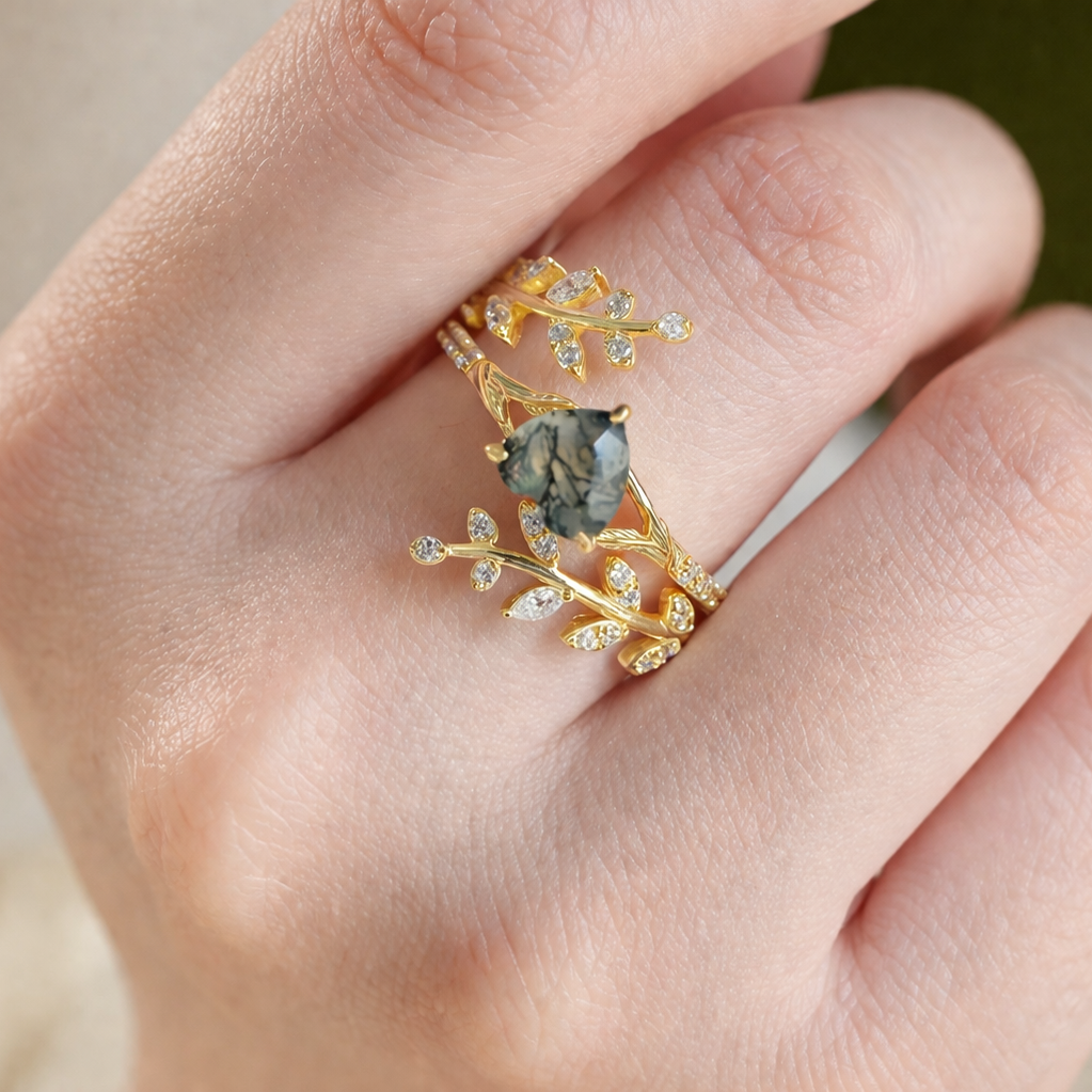Heart-Cut Moss Agate Wrap Ring Set