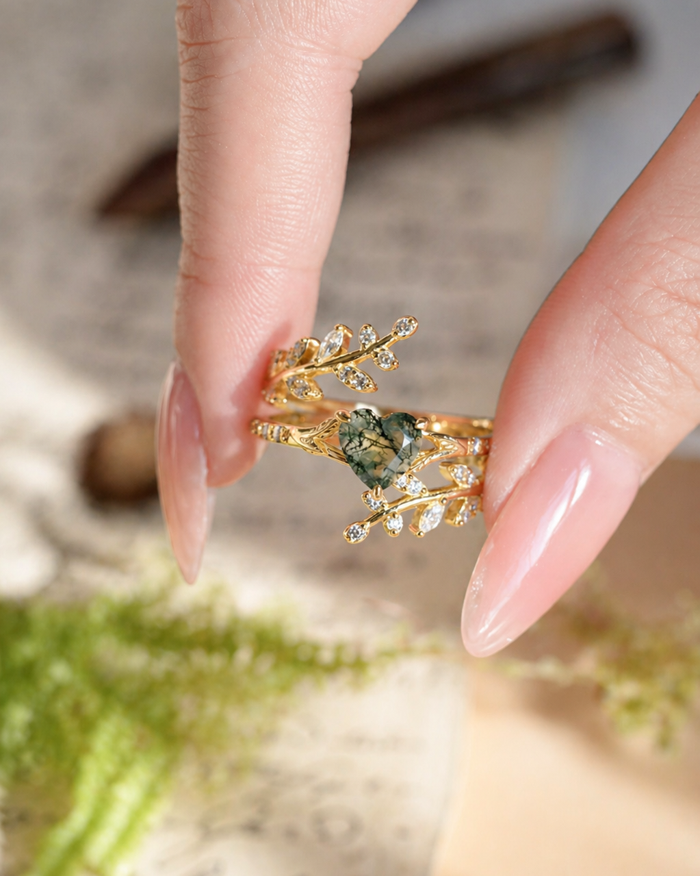 Heart-Cut Moss Agate Wrap Ring Set