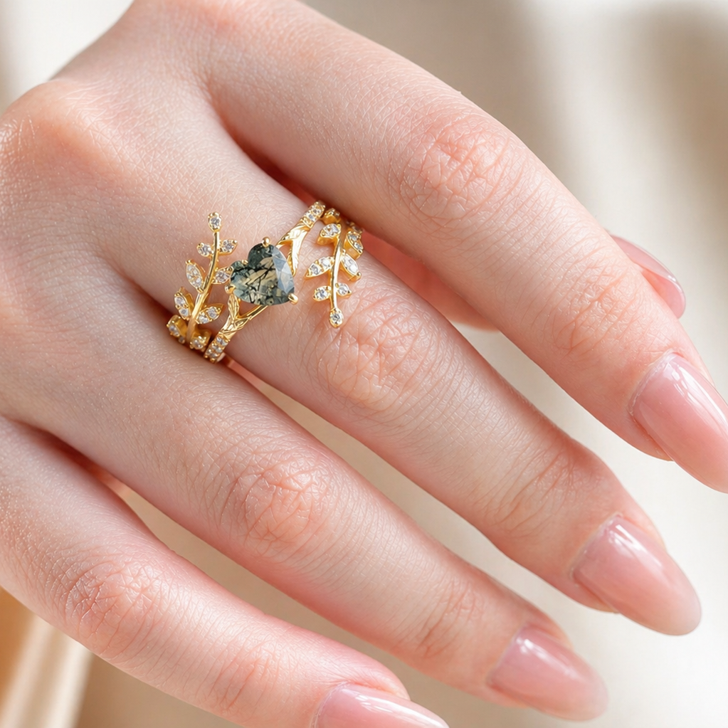 Heart-Cut Moss Agate Wrap Ring Set