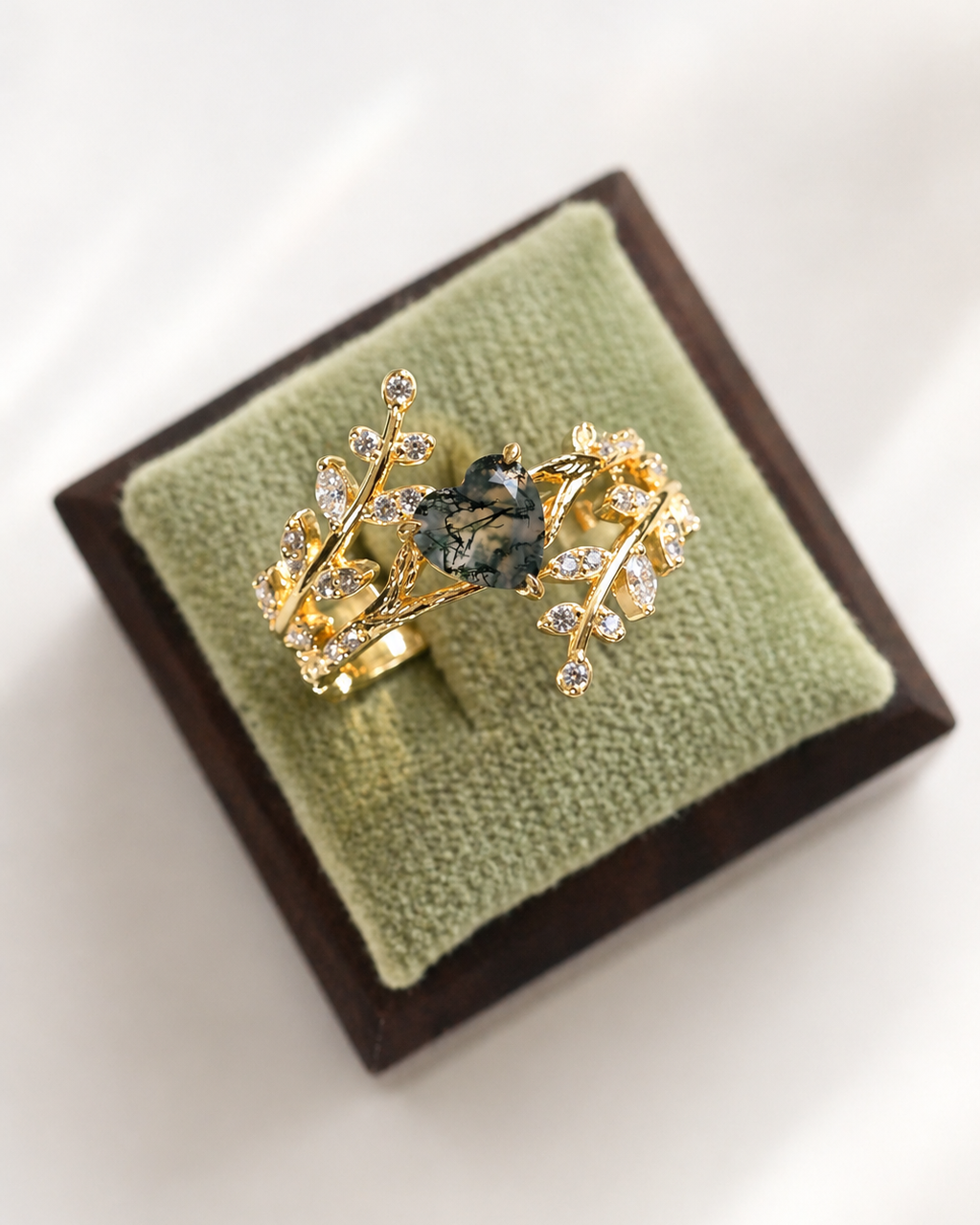 Heart-Cut Moss Agate Wrap Ring Set
