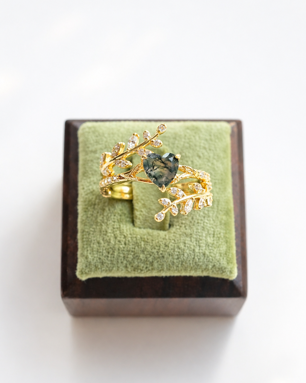 Heart-Cut Moss Agate Wrap Ring Set