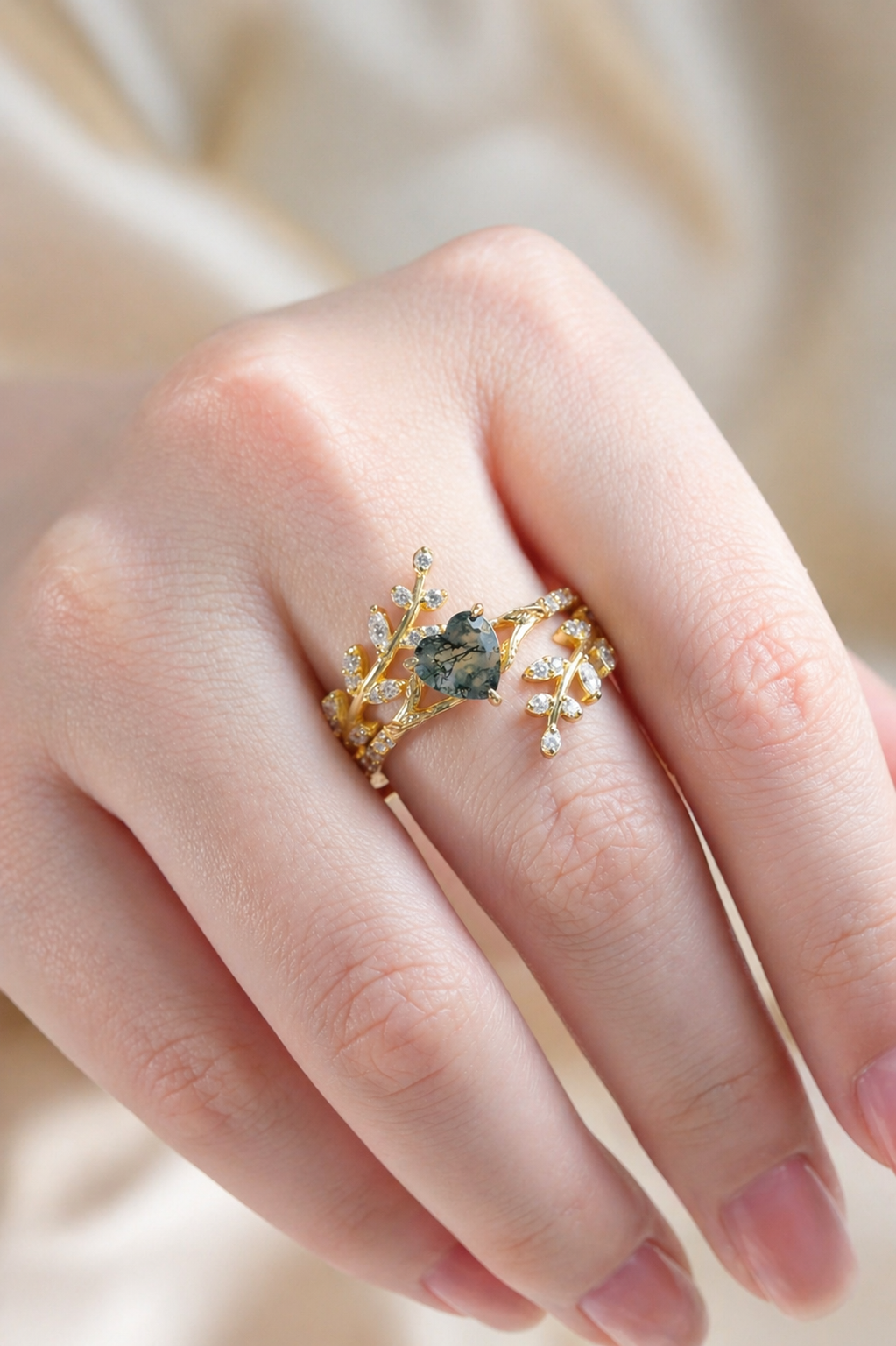 Heart-Cut Moss Agate Wrap Ring Set