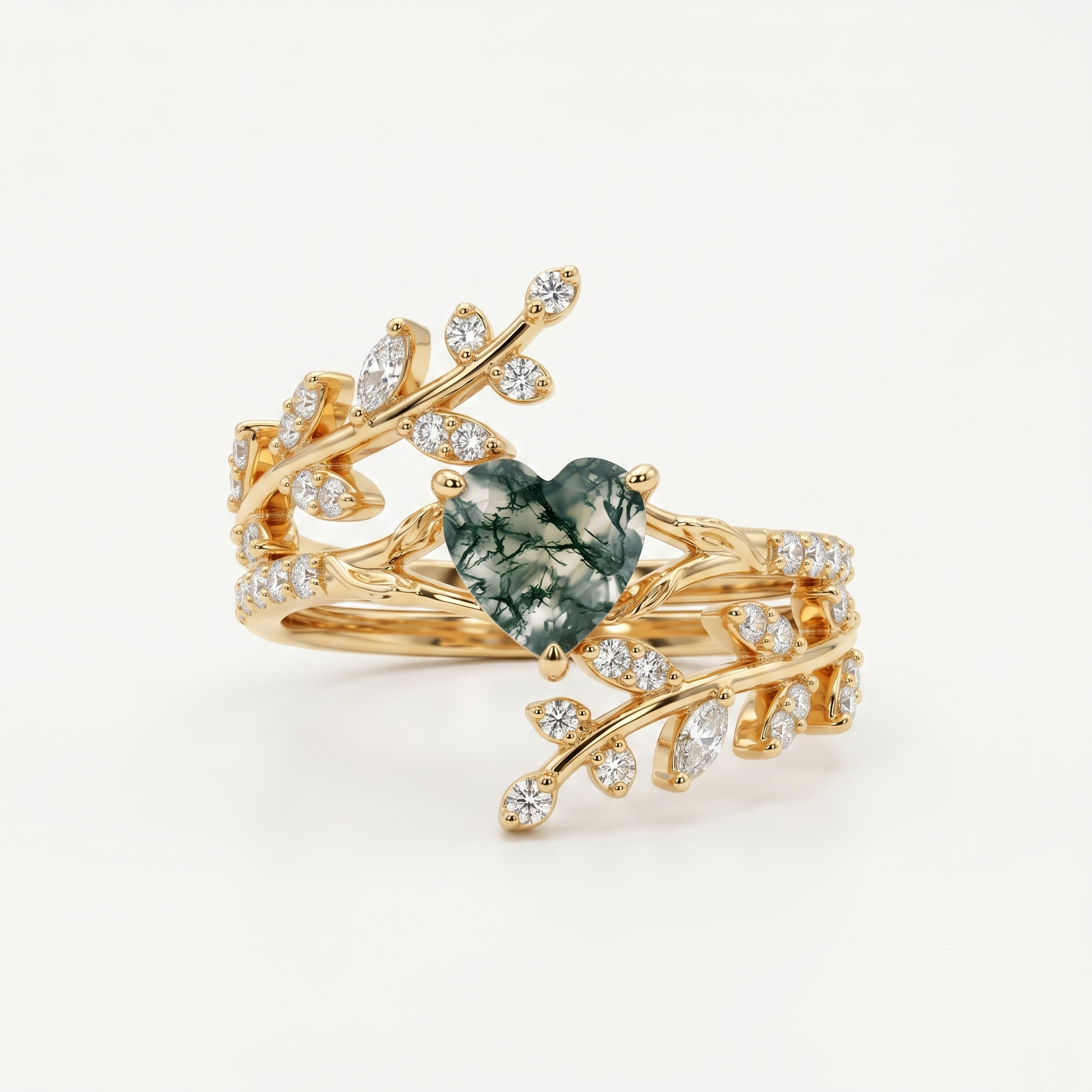 Heart-Cut Moss Agate Wrap Ring Set
