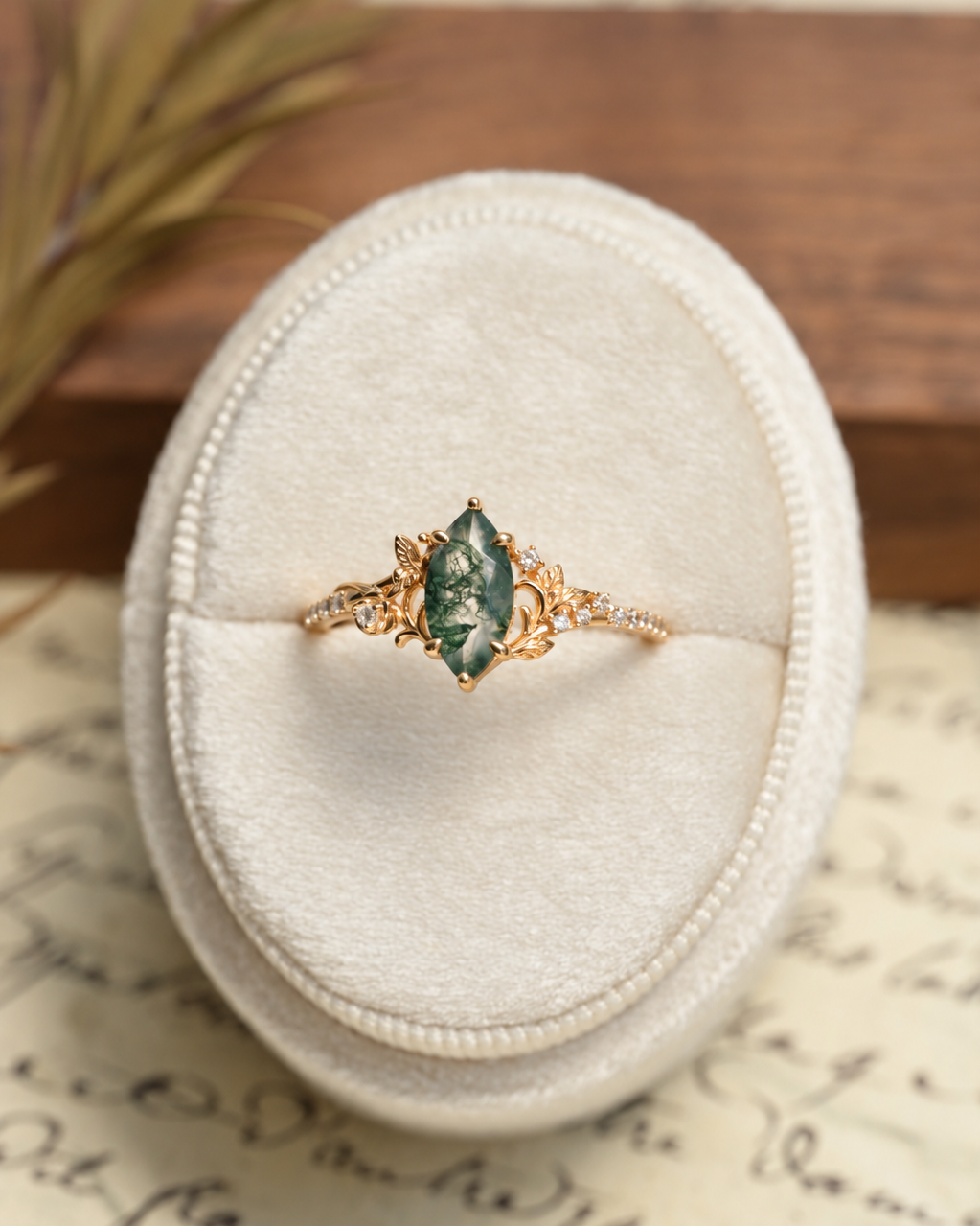 Anello giardino incantato con agata muschiata taglio marquise