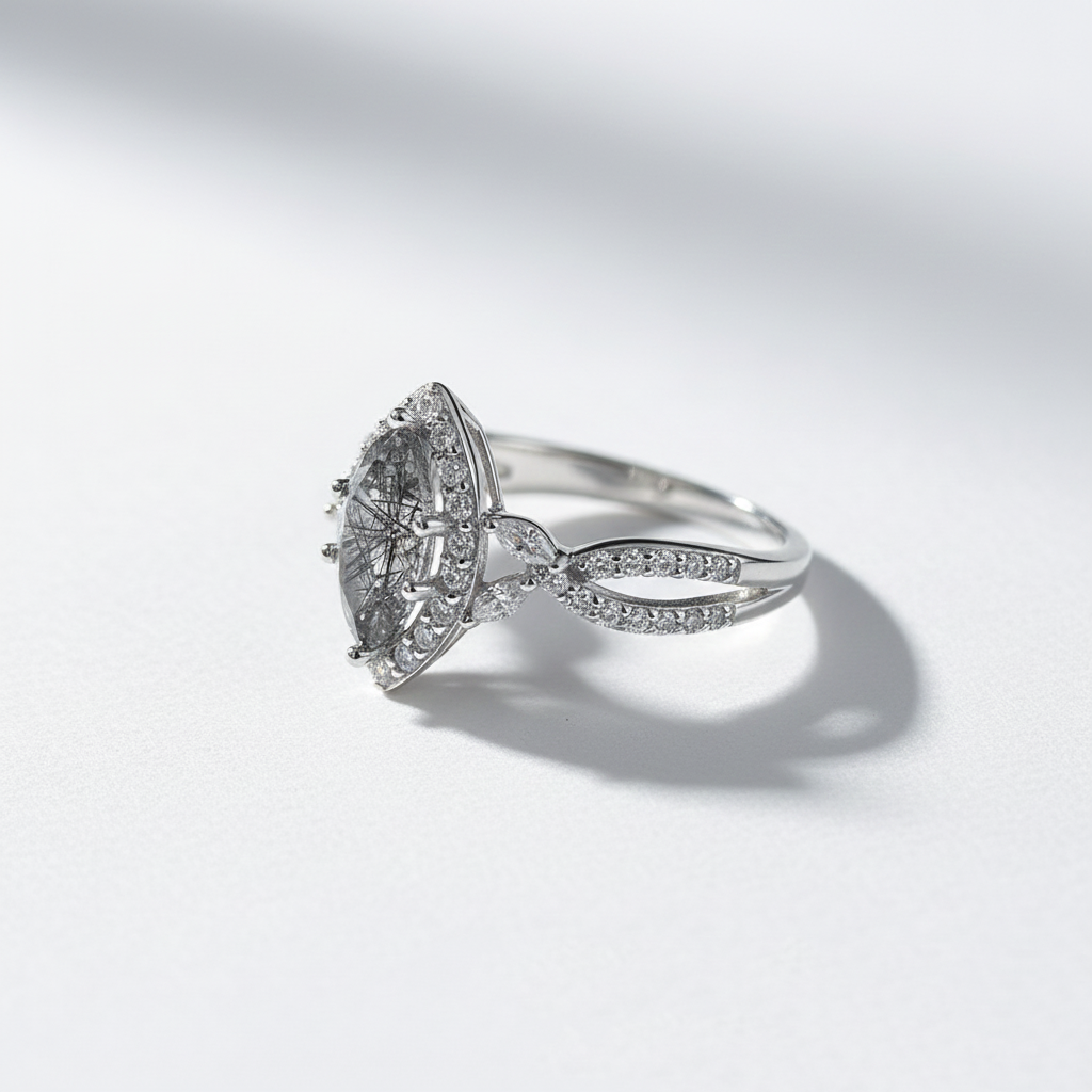 Marquise Black Rutilated Quartz Ring