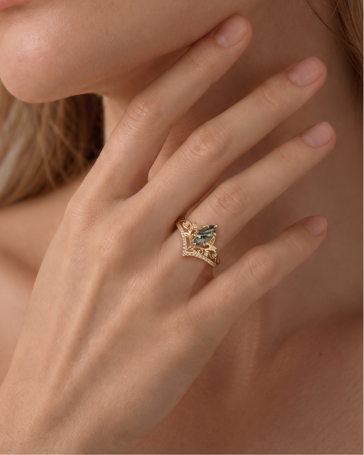 Marquise Moss Agate Tiara Ring