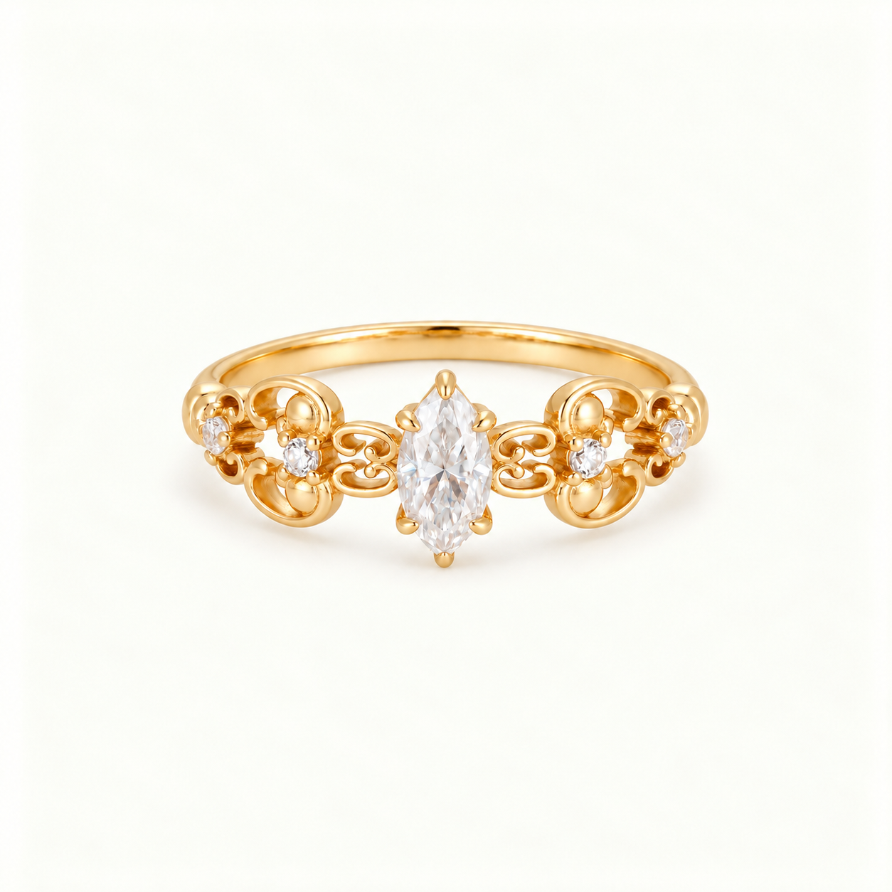 Vintage Marquise Moissanite Floral Scroll Ring