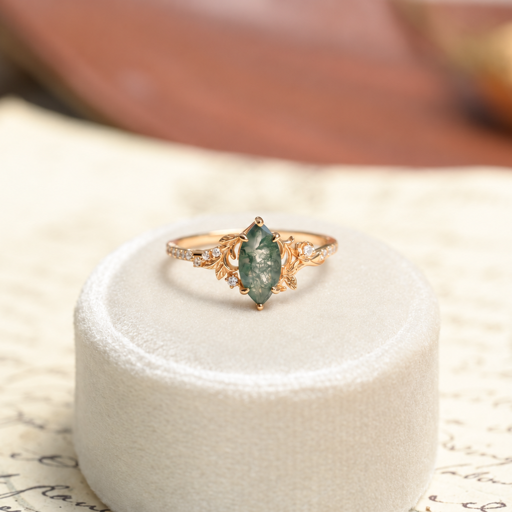 Anello giardino incantato con agata muschiata taglio marquise