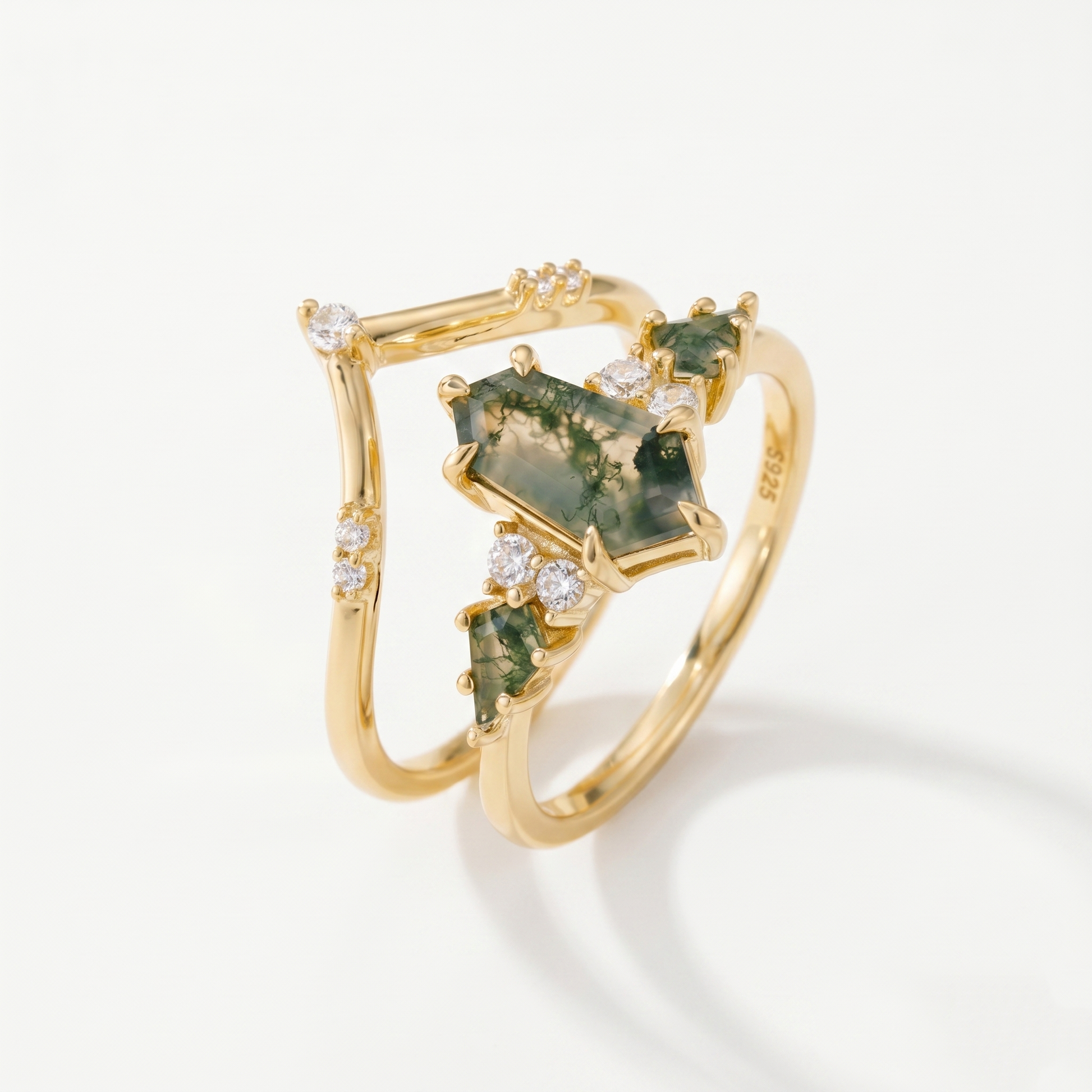 Conjunto de anillos apilables modernos de ágata musgosa natural geométrica