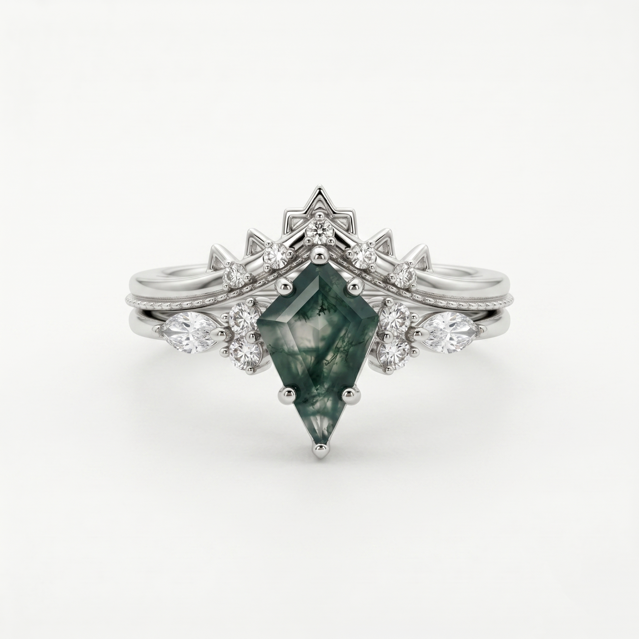 Conjunto de anillos corona de ágata musgosa