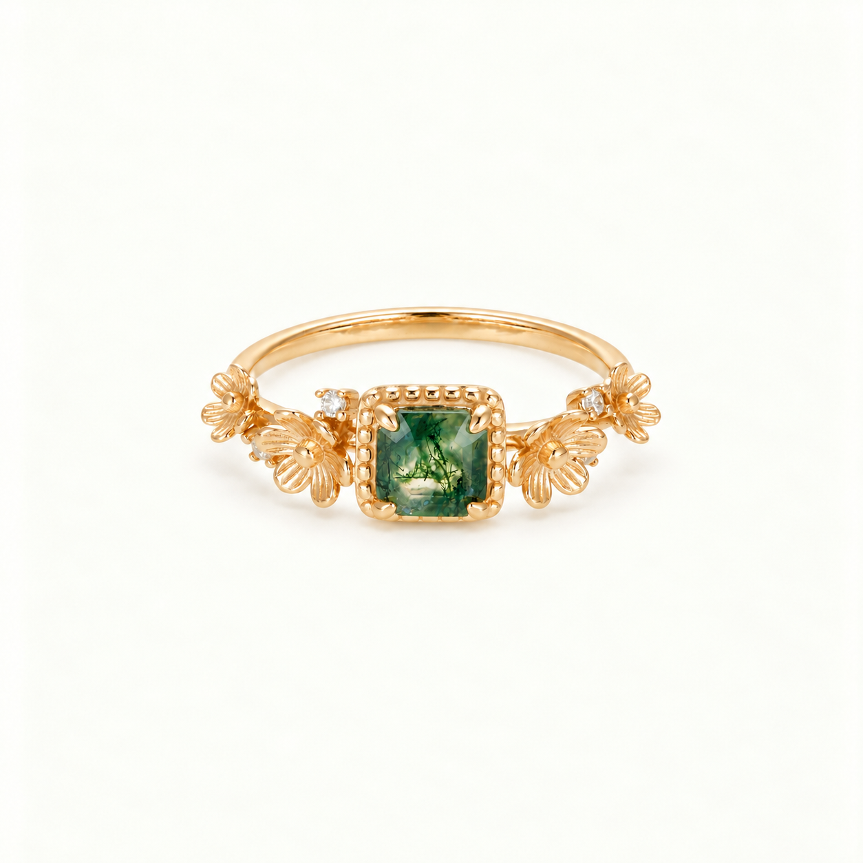 Vintage Square-Cut Moss Agate Floral Frame Ring