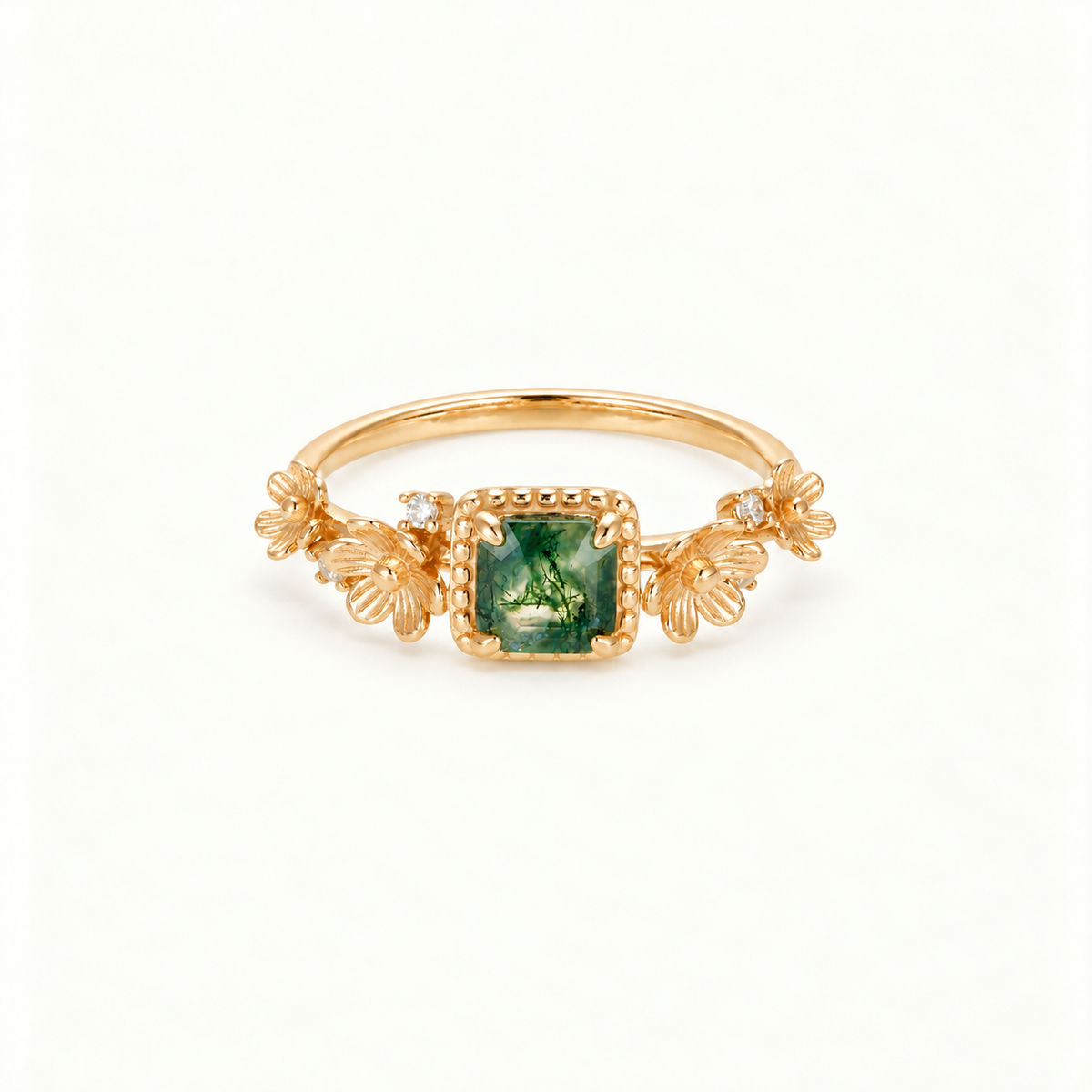 Vintage Square-Cut Moss Agate Floral Frame Ring