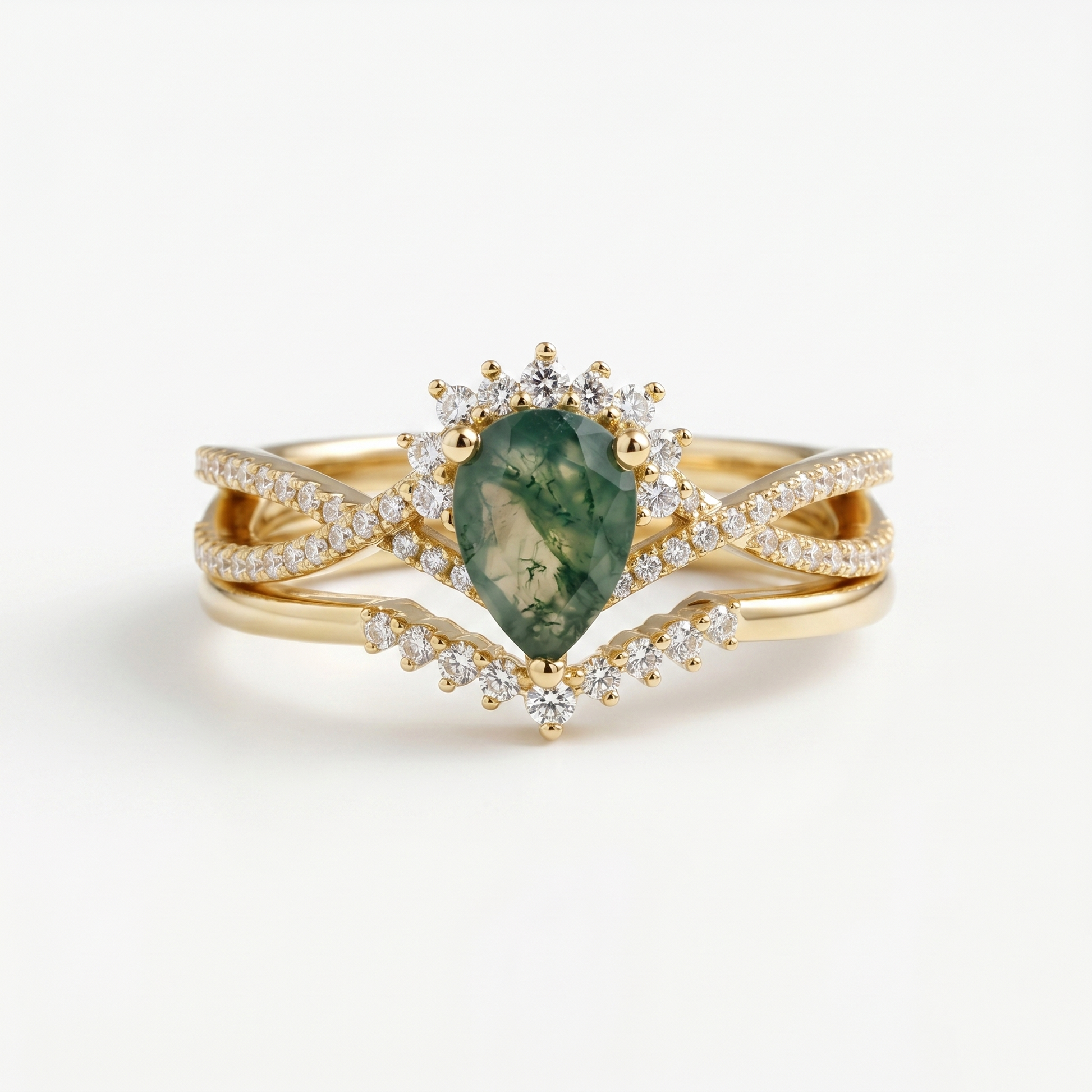 Conjunto de anillos con forma de pera de ágata musgosa