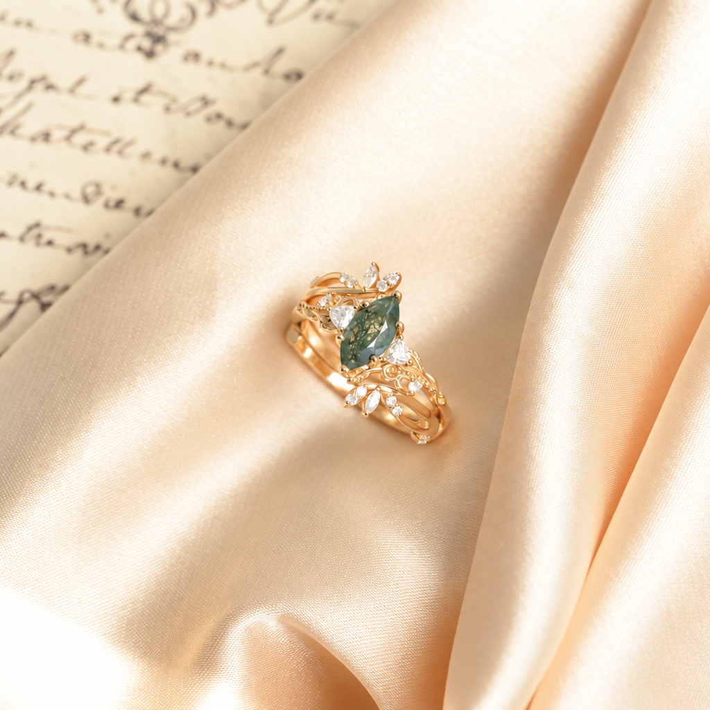 Vintage Marquise-Cut Moss Agate Vine Ring Set
