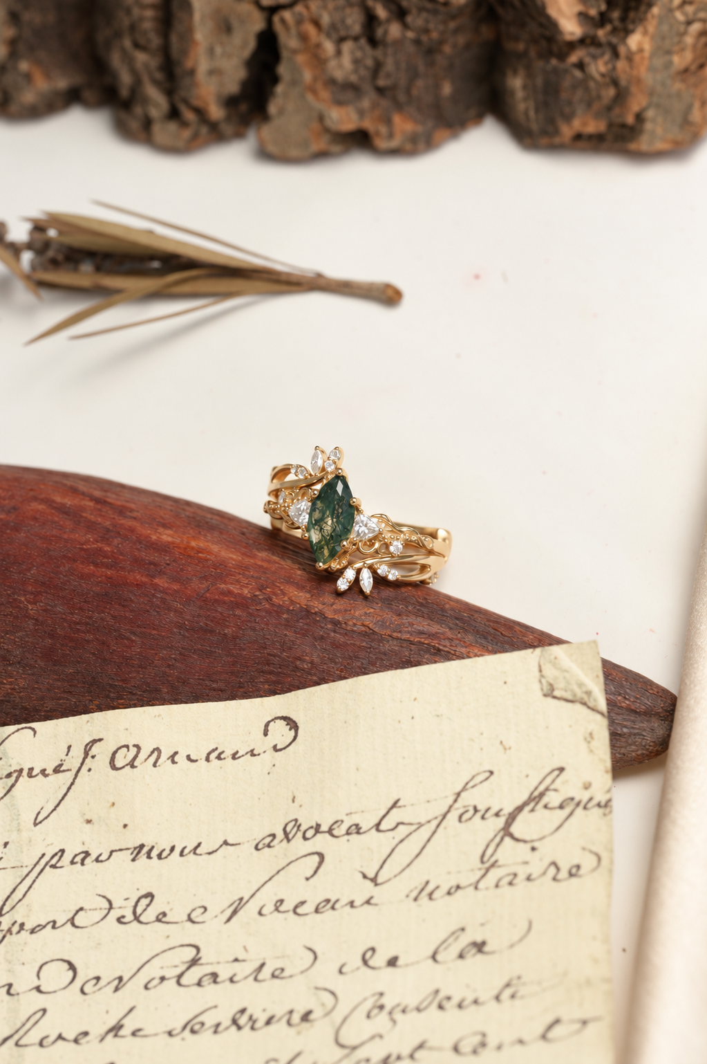 Vintage Marquise-Cut Moss Agate Vine Ring Set