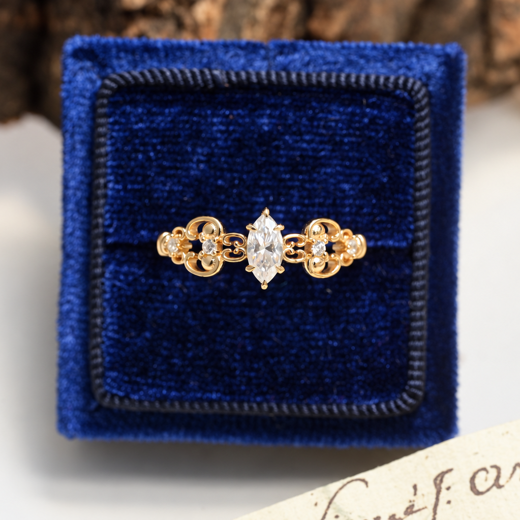 Vintage Marquise Moissanite Floral Scroll Ring