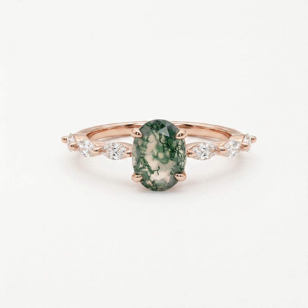 Ring mit ovalem Moosachat und Blattakzent