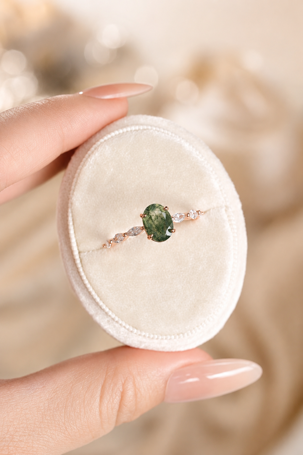 Ring mit ovalem Moosachat und Blattakzent