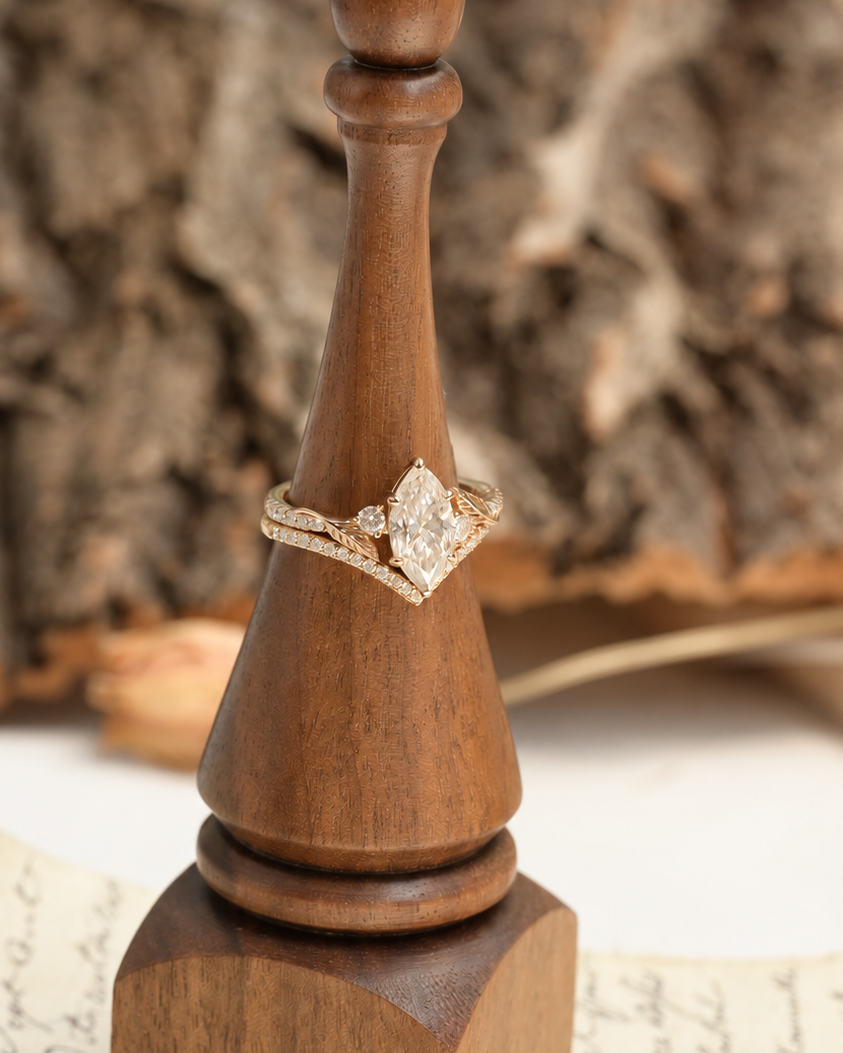 Marquise-Cut Moissanite Leaf Contour Ring Set