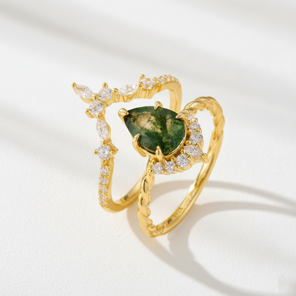 Pear Cut Moss Agate Stacking Ring Set