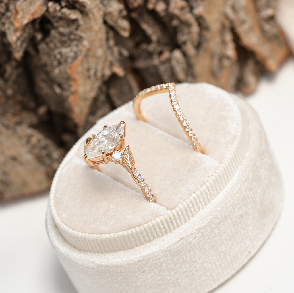 Marquise-Cut Moissanite Leaf Contour Ring Set
