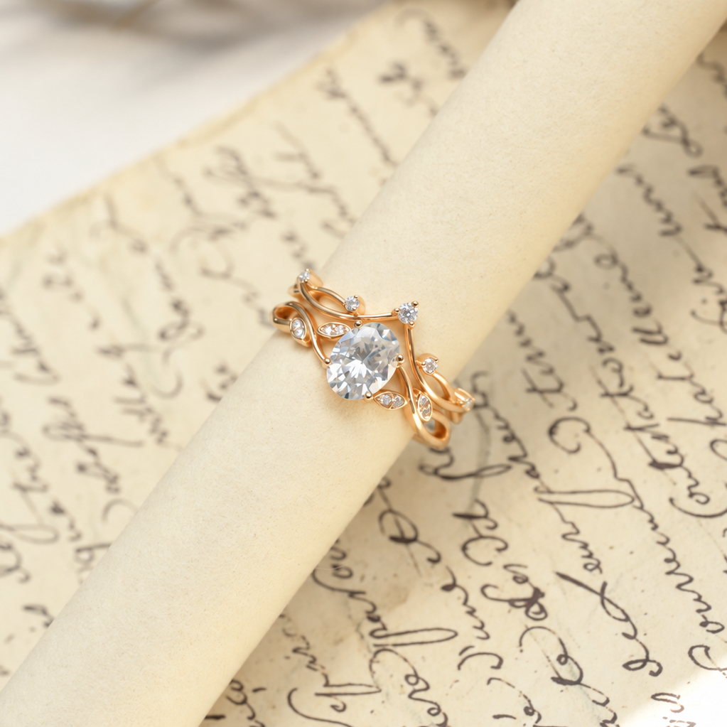 Oval-Cut Moissanite Vine Contour Ring Set