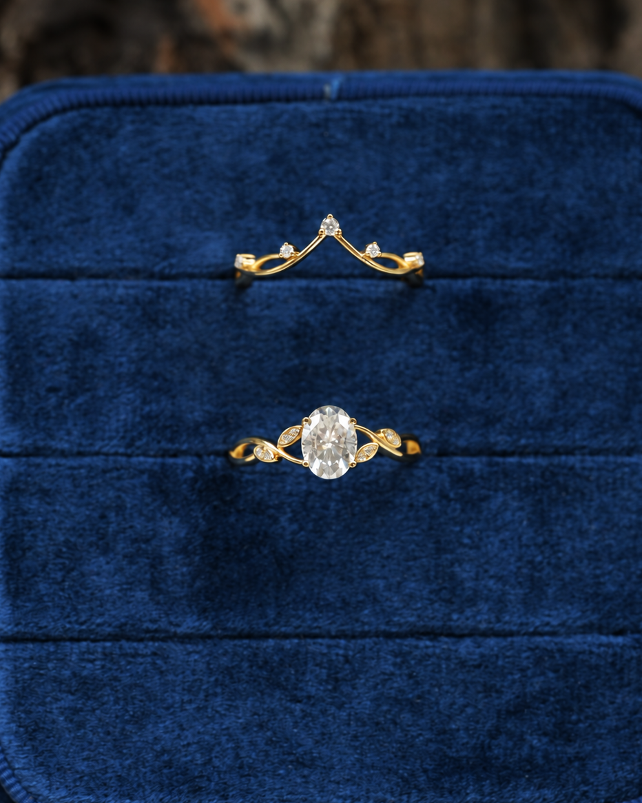 Oval-Cut Moissanite Vine Contour Ring Set