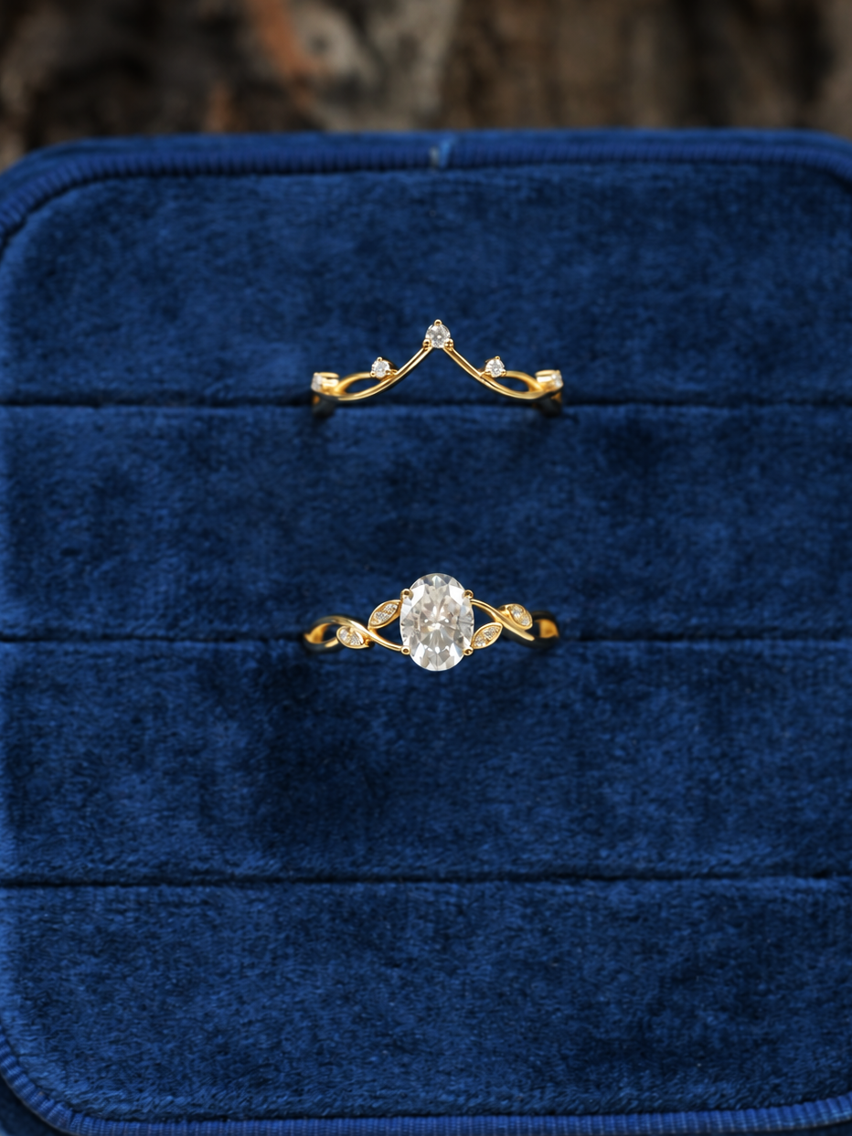 Oval-Cut Moissanite Vine Contour Ring Set
