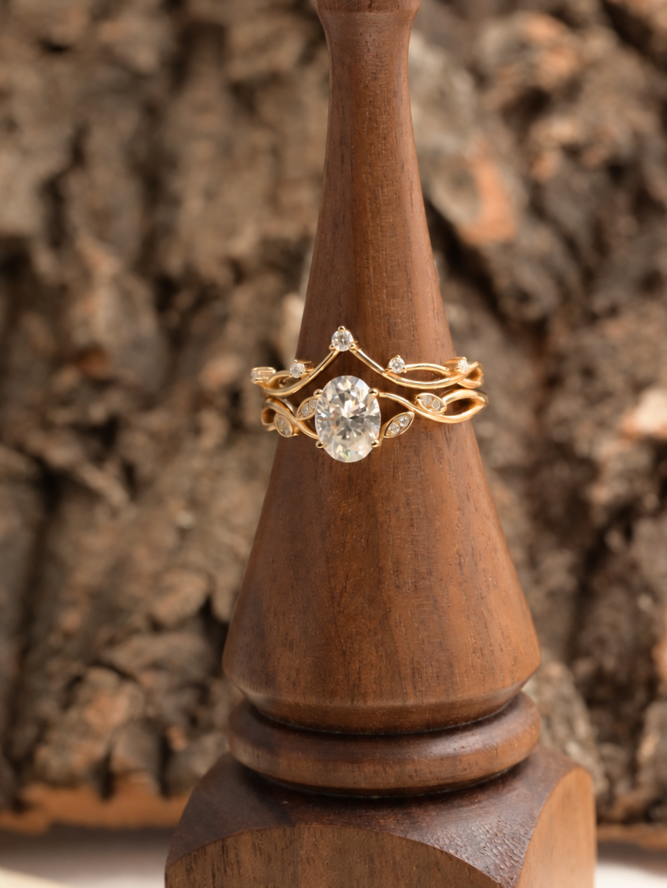 Oval-Cut Moissanite Vine Contour Ring Set