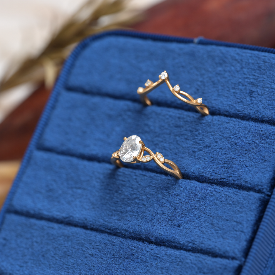 Oval-Cut Moissanite Vine Contour Ring Set