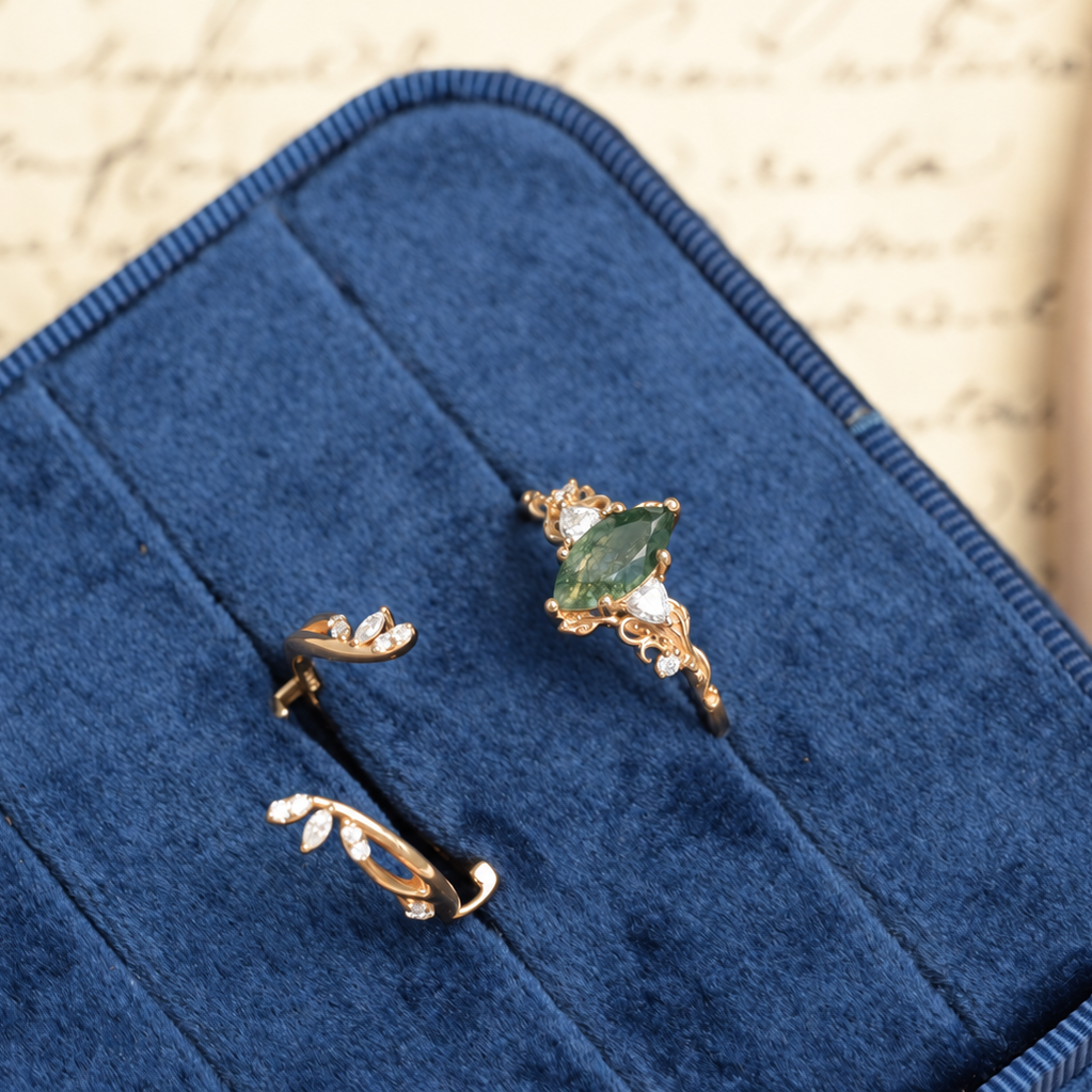Vintage Marquise-Cut Moss Agate Vine Ring Set