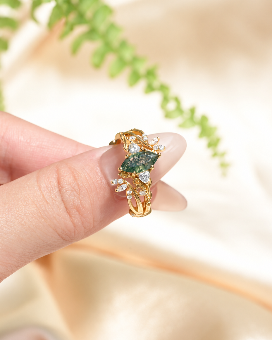 Vintage Marquise-Cut Moss Agate Vine Ring Set