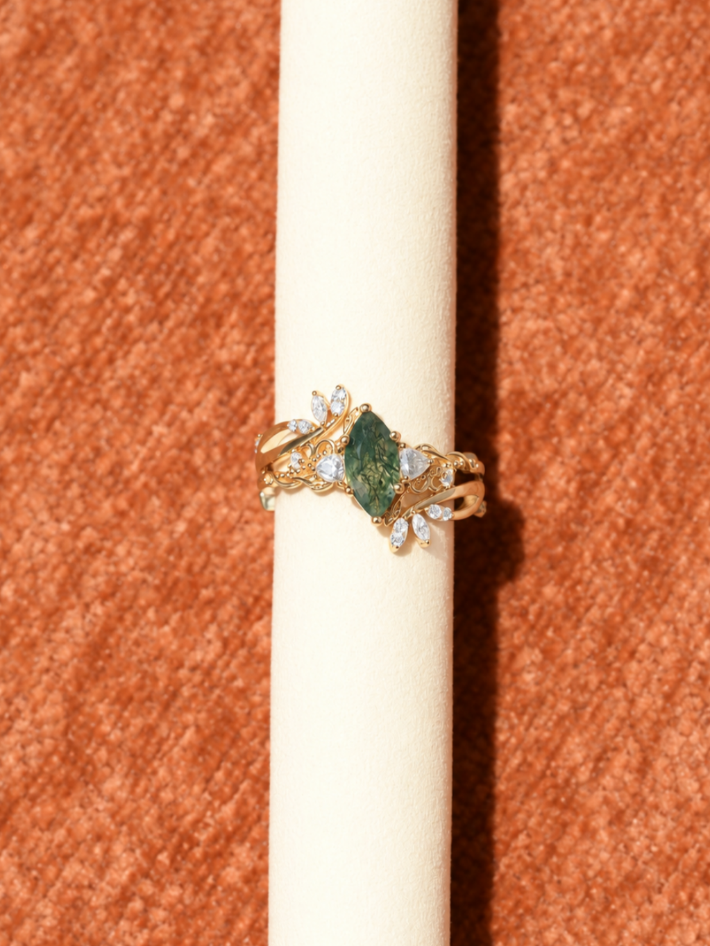 Vintage Marquise-Cut Moss Agate Vine Ring Set