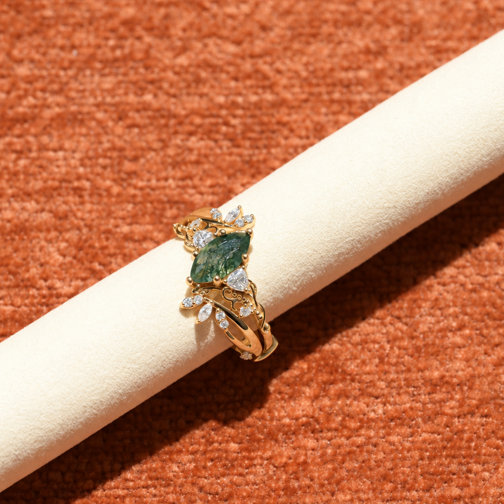 Vintage Marquise-Cut Moss Agate Vine Ring Set