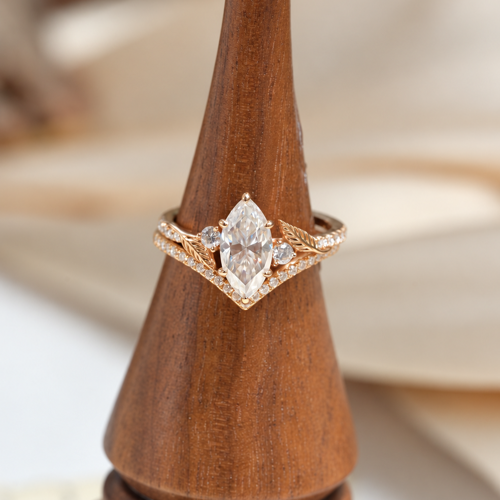 Marquise-Cut Moissanite Leaf Contour Ring Set