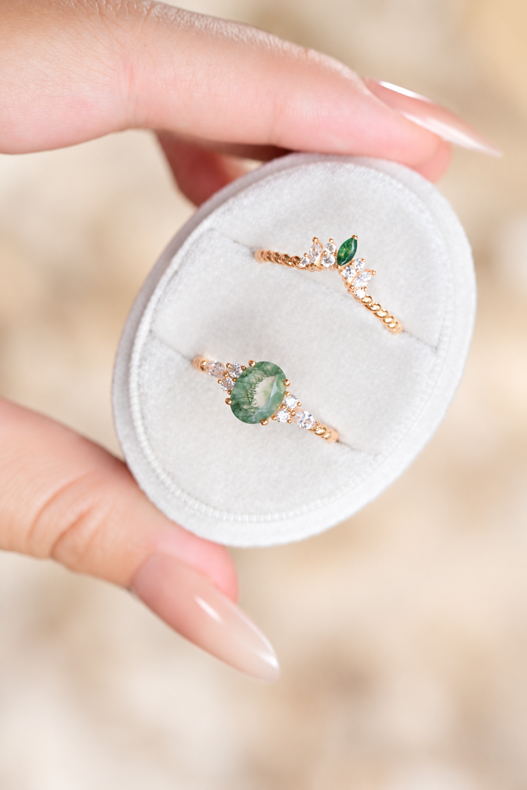 Round Moss Agate Twist Ring Set