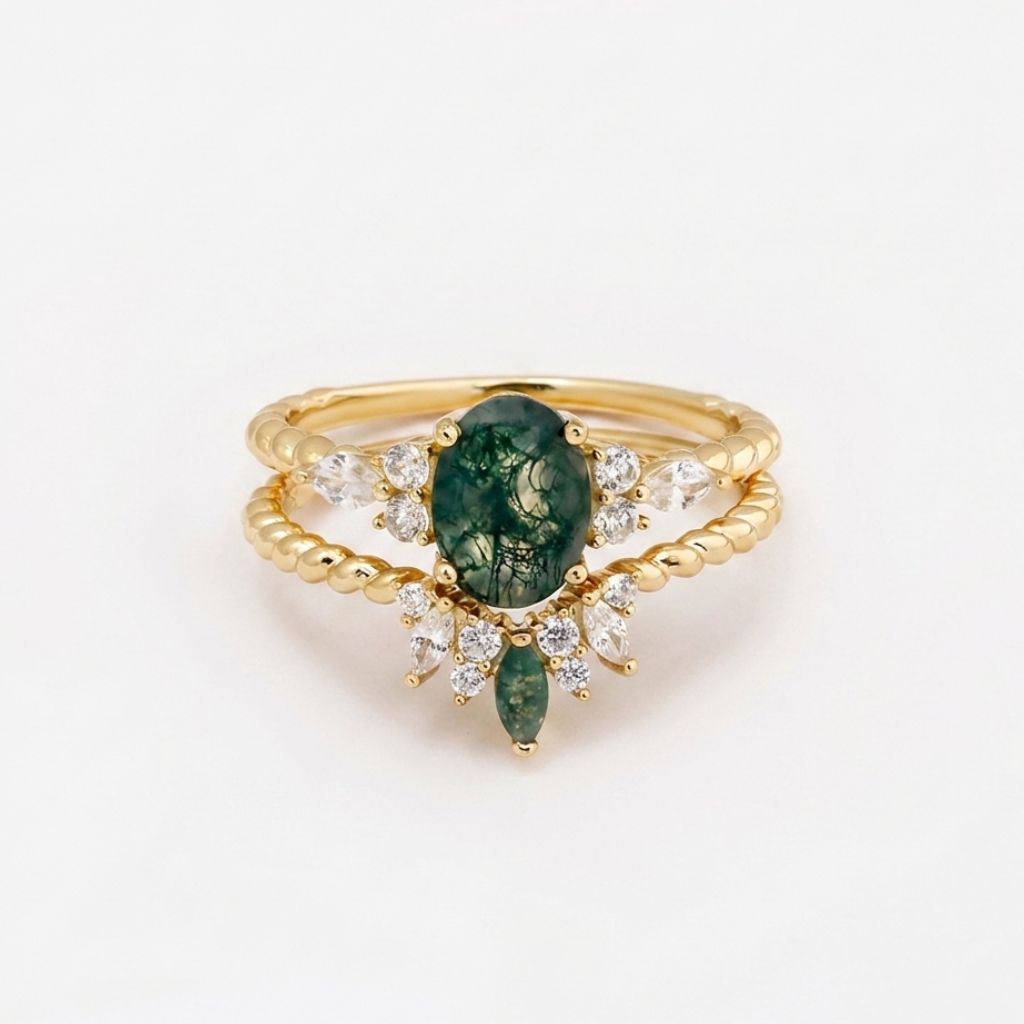 Round Moss Agate Twist Ring Set