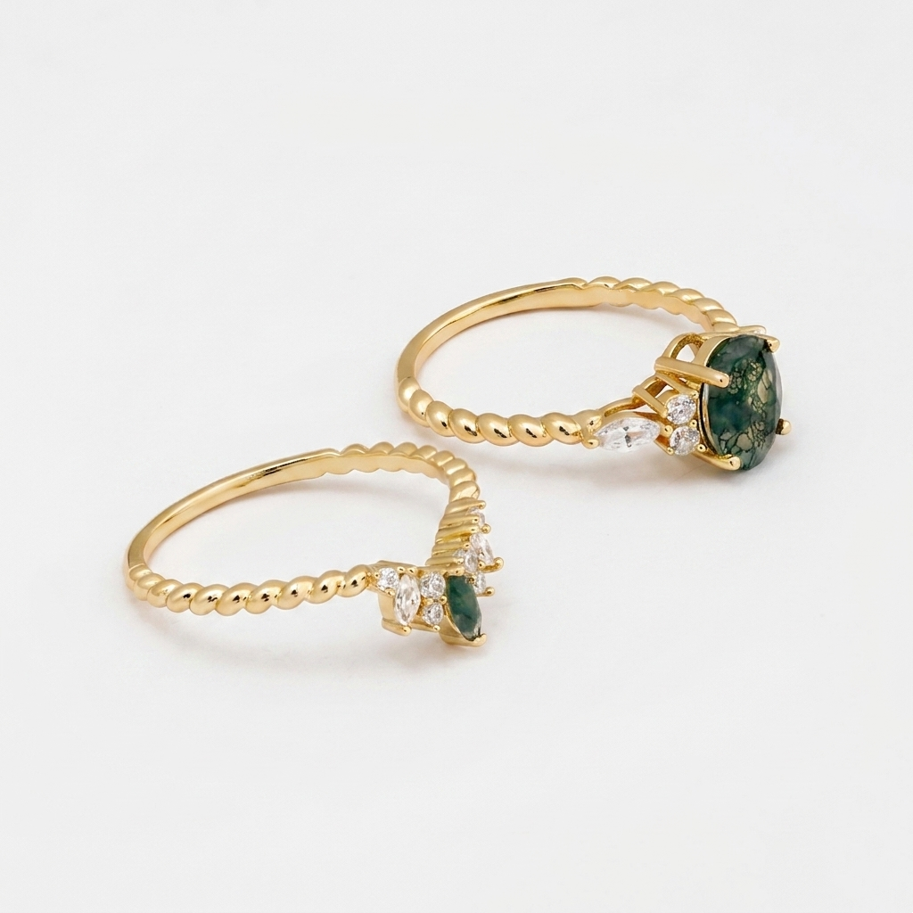 Round Moss Agate Twist Ring Set